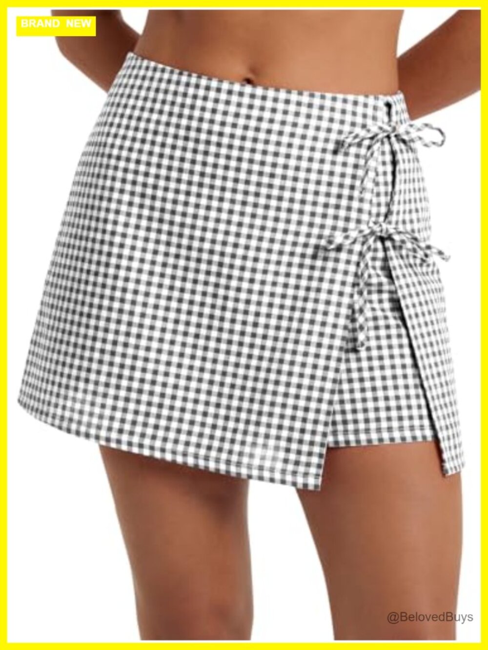 Gingham Skort High Waisted A-Line Wrap Side Tie Cotton Plaid Mini Skirt with